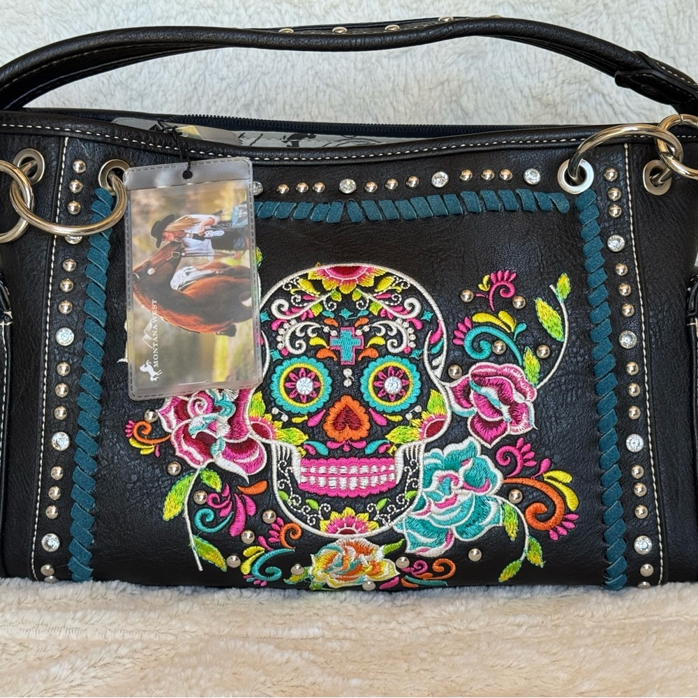 Montana West Black Shoulder Bag with Sugar Skull Design